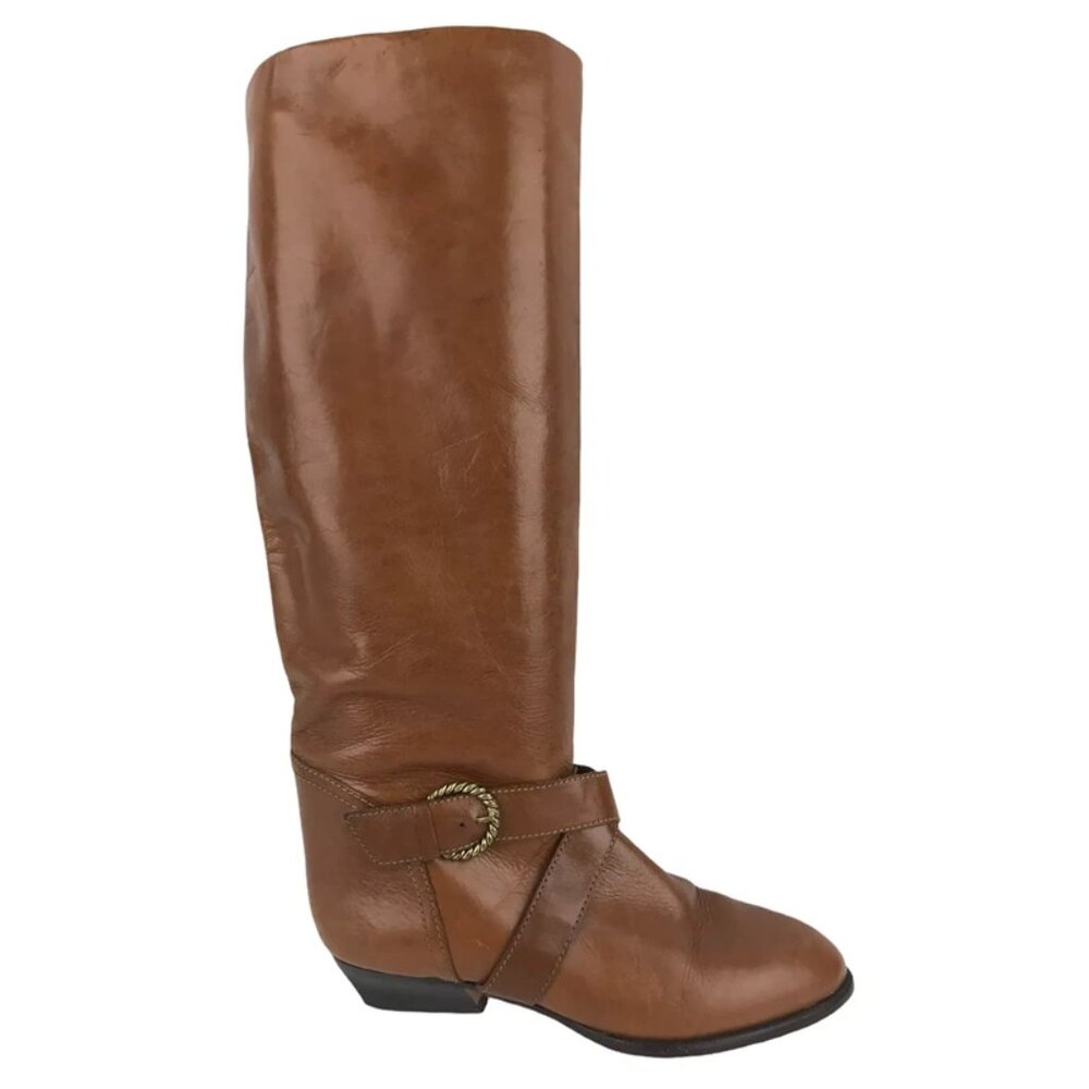 Nine West Womens Brown Leather Knee High Almond Toe Biker Boots Size 5.5 M